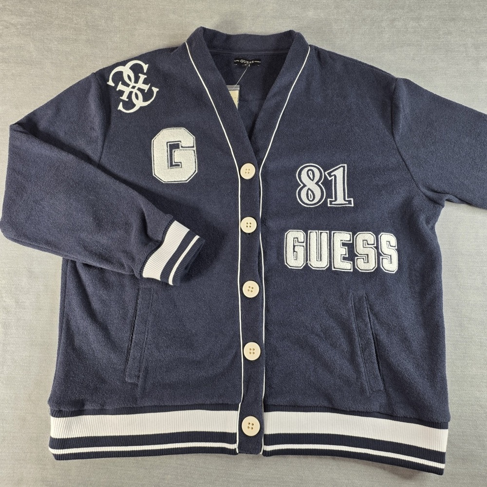 GUESS Noele Boucle Varsity Cardigan Sweater Womens NWT Navy Blue‎ XL $108 R5RQ10